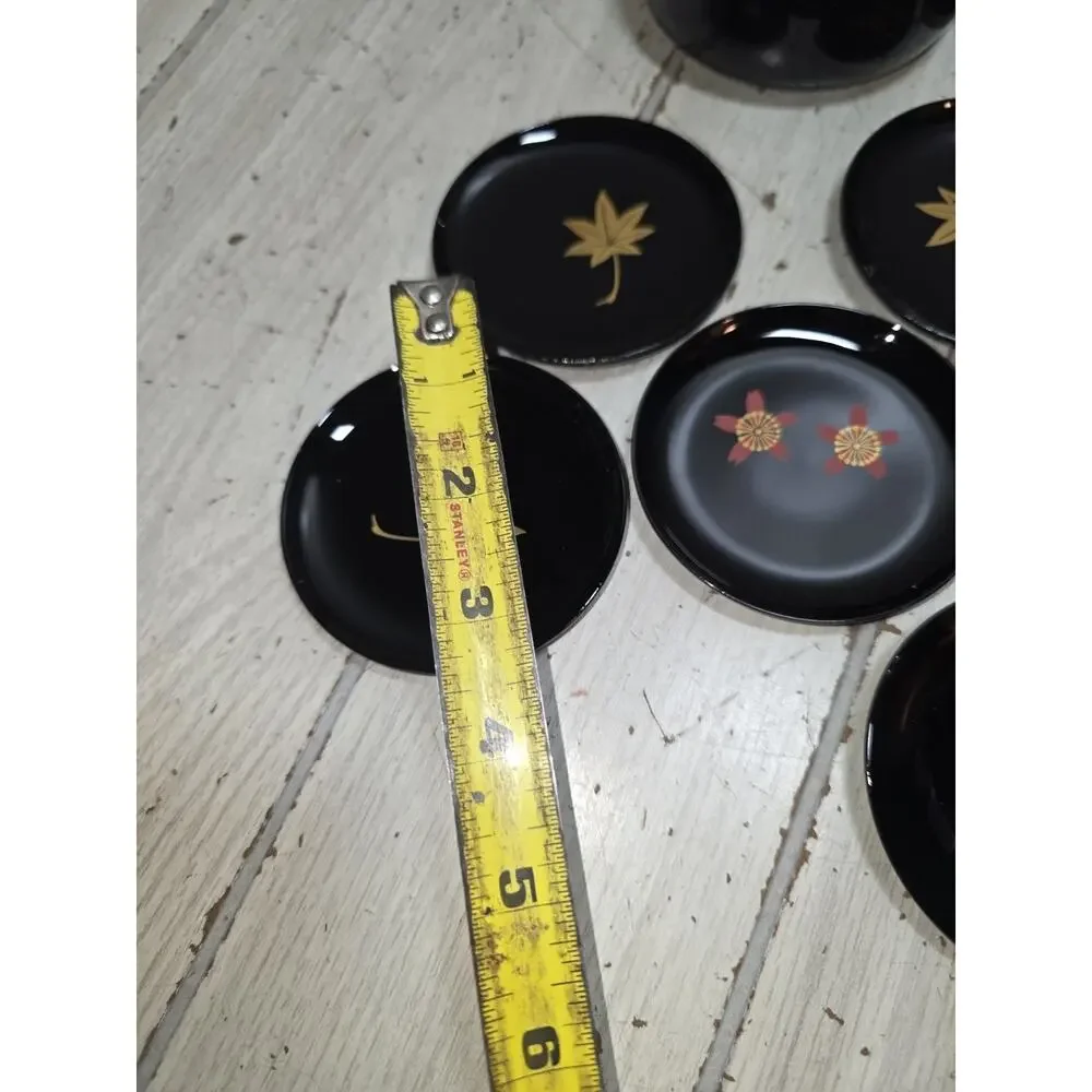 Vtg Japanese Lacquered Ware Maki-e Mini Plate Coaster Set of 6 W/Case Floral